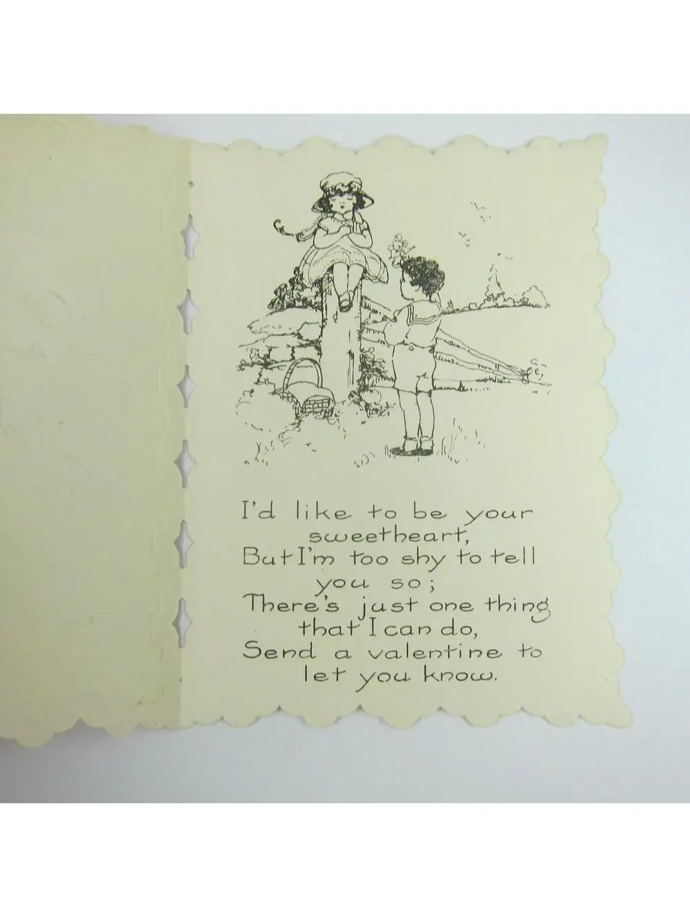 Vintage Valentine Card Die cut Bifold Boy & Redhead Girl Hats Red Heart UNSIGNED